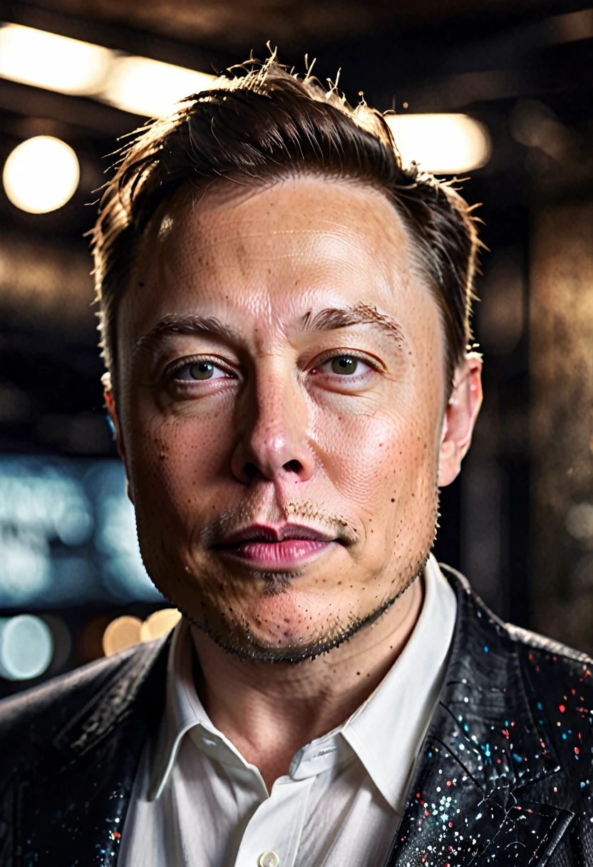 elon musk, (romantic:1.1), VHS effect, portraite, high face,(texture skin), details Intricate, fine-details, Ray tracing, underground dispersal, soft diffused lighting, Shallow depth of field, intricate, high détail, sharp focus, dramatic, photorealistic paint art by greg rutkowski, bokeh，dark background INFO