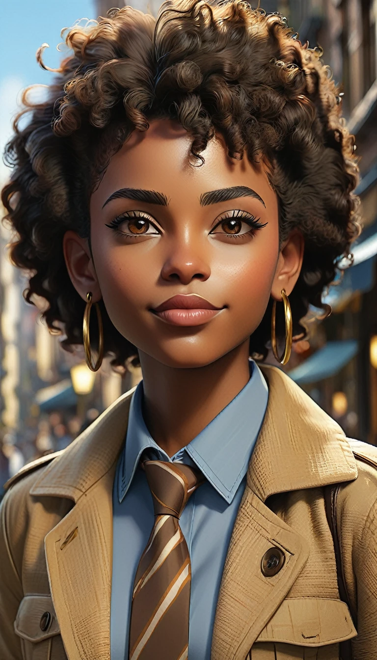 Develop an avatar that represents a young and beautiful person. The specific characteristics are:
- **cor da pele:** blacksad, with realistic texture and tone.
- **Height:** 1,70 meters.
- **Physicist:** stark, but not overly muscular.
- **facial features:**
- **eyeballs:** brown, detailed and realistic.
- **body hair:** Afro, well cared for and detailed.
- **eyebrows:** Two cut marks on the left eyebrow, to enhance beauty.
- **Other facial details:**
- Skin and face must be highly realistic and detailed, capturing natural nuances and textures.
- Facial expression must be warm, com um leve sorriso, conveying a friendly and confident appearance.
- **vestimentas:** Casual, modern and stylish, suitable for a young person.
Ensure all details are well represented to capture the essence and appearance of the individual depicted, with a special focus on realism and high definition of features.
.