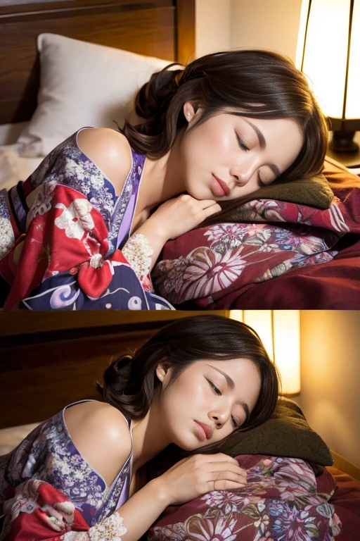 (Sleeping in bed:1.5)(Have a bad dream:1.5) ,masterpiece、Highest quality、High resolution、Tabletop、wallpaper、Realistic、Bright lighting、Professional Lighting、Face Light、Smooth lighting、Japanese women、Beautiful woman、、Modeled、gravure、sexly、so beautiful、Beautiful Skin、Beautiful and exquisite、Detailed face、slim、Large Breasts、Cleavage 、short hair、Brunette colored hair、Brown eyes、Japanese Kimono、Japanese Yukata、(Eyes closed:1.5)、(Expression of enduring pain:1.5)、The costume is colorful、Bra is visible,