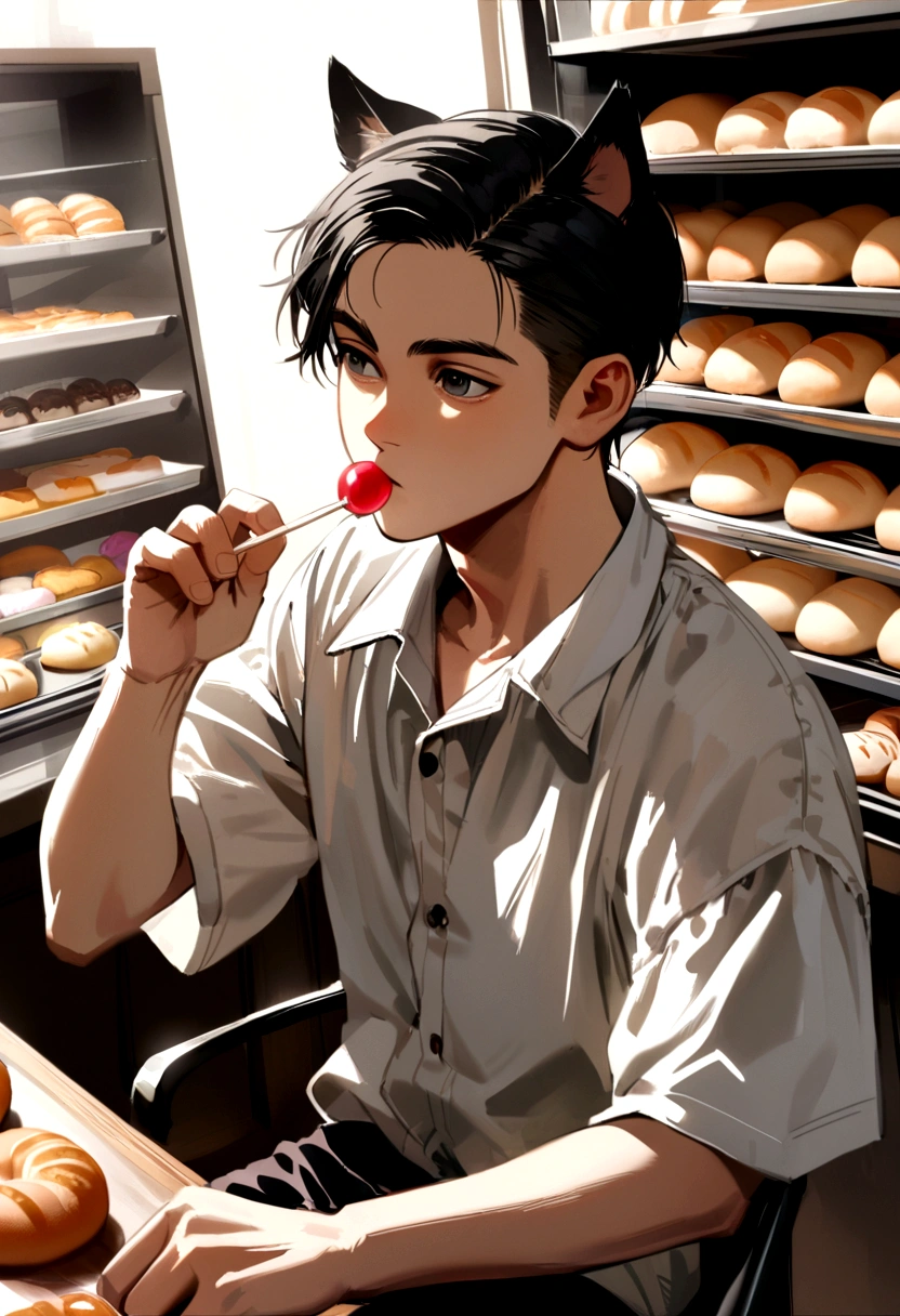 kawaii neko boy sitting down, young leonardo dicaprio look, asian, black eyes, black asian hair, cute clothes, young, around 15, stoic boy, mysterious boy, eating candy, cute bakery backround, cat ears, neko boy cat ears, bakery worker, looking straight ahead, eminem, ryan gosling.