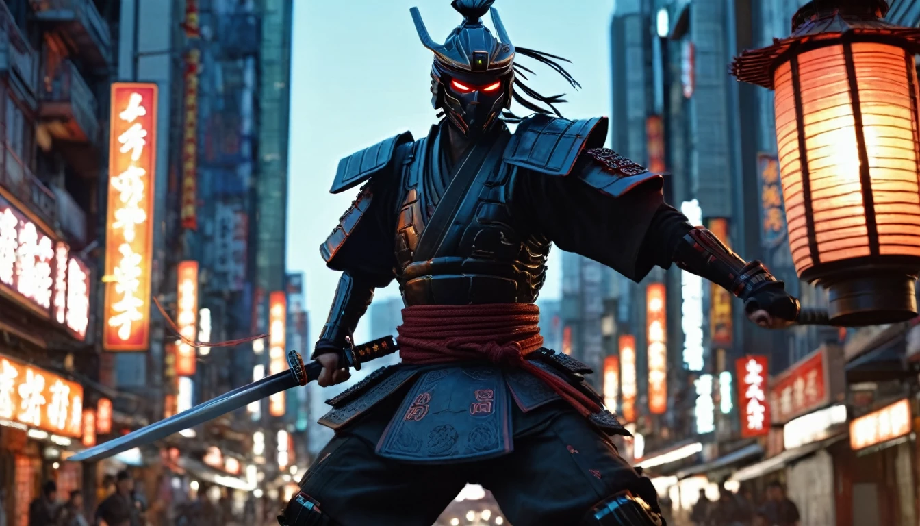 A movie frame depicting an action scene, Cybernetic samurai jumps and swings his sword at enemies, There was a look of anger on his face, Angry smile, Big city streets, evening, evening lighting, Lantern Light, Dynamic Frame, Cinema Lighting, Focus on the Samurai, High detail, Maximum realism, Movie Processing