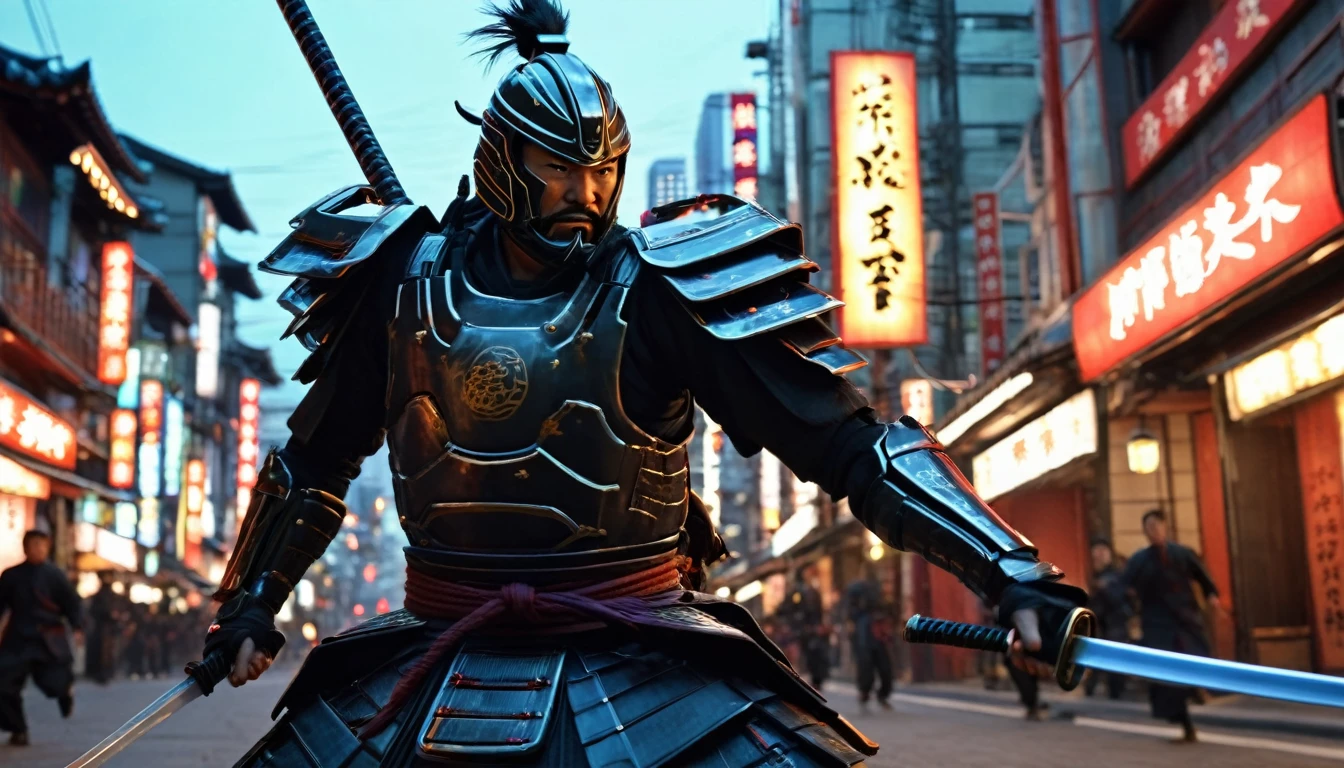 A movie frame depicting an action scene, Cybernetic samurai jumps and swings his sword at enemies, There was a look of anger on his face, Angry smile, Big city streets, evening, evening lighting, Lantern Light, Dynamic Frame, Cinema Lighting, Focus on the Samurai, High detail, Maximum realism, Movie Processing