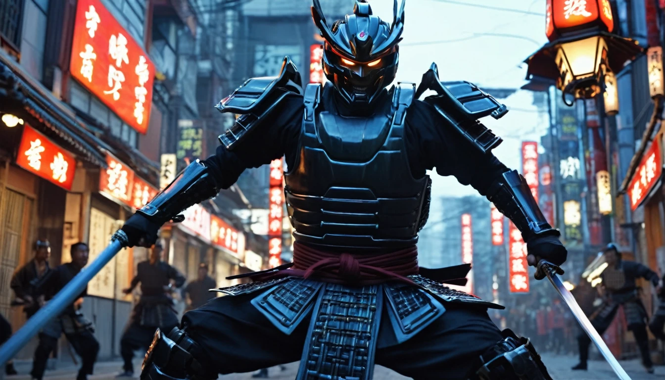 A movie frame depicting an action scene, Cybernetic samurai jumps and swings his sword at enemies, There was a look of anger on his face, Angry smile, Big city streets, evening, evening lighting, Lantern Light, Dynamic Frame, Cinema Lighting, Focus on the Samurai, High detail, Maximum realism, Movie Processing