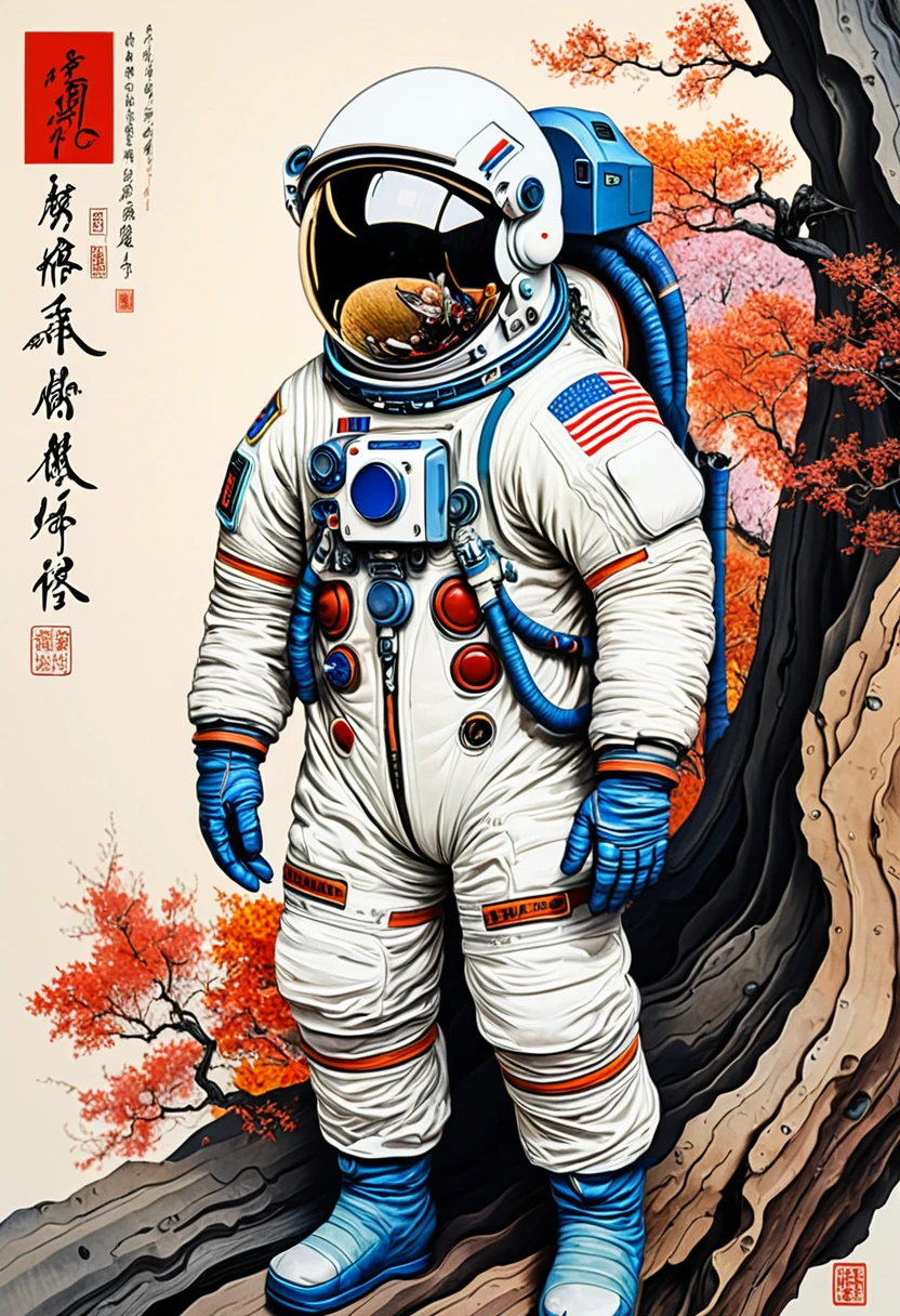 Astronaut, full body, by Qi Baishi and Chen Longque and Chen Dingbo, best quality, masterpiece, very aesthetic, perfect composition, intricate details, ultra-detailed, vivid colors