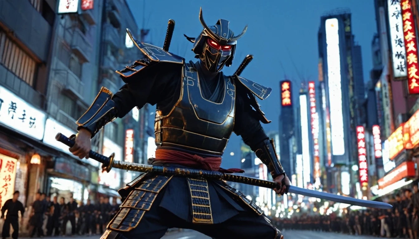 A movie frame depicting an action scene, Cybernetic samurai jumps and swings his sword at enemies, There was a look of anger on his face, Angry smile, Big city streets, evening, evening lighting, Lantern Light, Dynamic Frame, Cinema Lighting, Focus on the Samurai, High detail, Maximum realism, Movie Processing