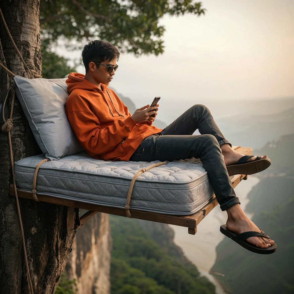 Realistic photo, looks like a 27 year old Indonesian man, thin body, very short hair, wearing an orange hoodie, wearing sunglasses, wearing long black jeans, wearing blue flip-flops, sitting on a mattress hanging over a cliff. the tall one, it looks like his bed is using a rope tied to a tree, it looks like he's playing a game on his smartphone