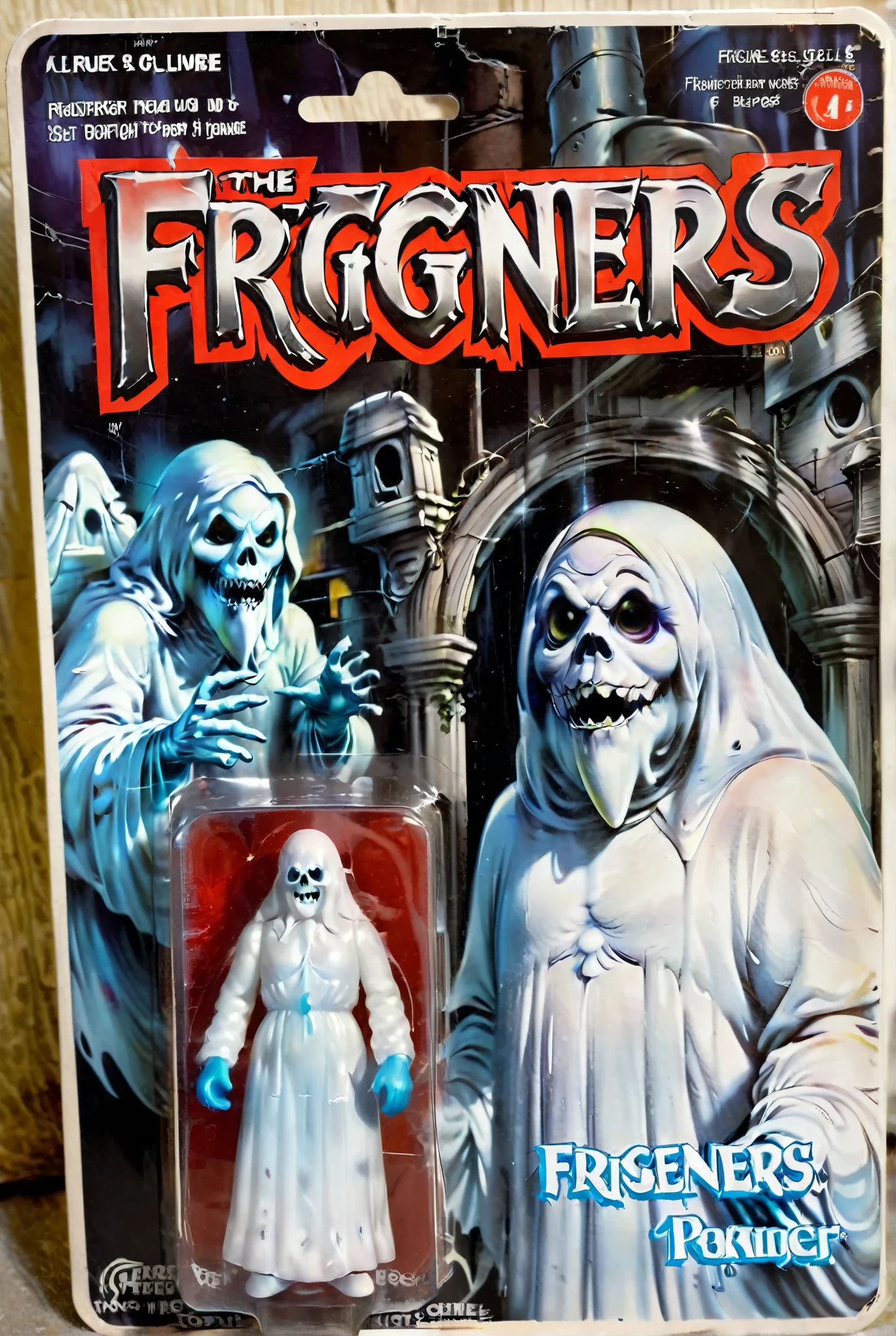 a toy figure of white translucent ghost from a horror movie with the title "Frigteners", illustration tombs on package