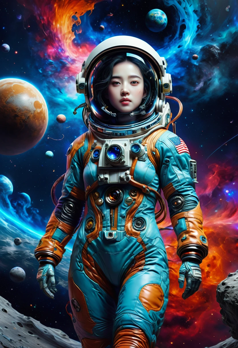 Astronaut, full body, by Qi Baishi and Chen Longque and Chen Dingbo, best quality, masterpiece, very aesthetic, perfect composition, intricate details, ultra-detailed, vivid colors