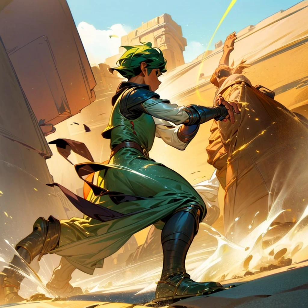 1boy, Full body version, 1character, (sand wanderer), brown eyes color, dark skin, (Curly cut hairstyle), small eyes type, green colour hair, doctor ancient roman clothing style, white color clothing, dark green robe, Ancient roman boots, armor vest, sands in two hand, Grassroots background in desert, (battle, battle gesture, battle poses, view character on small, He a sand wanderer, he controls sand with his hands, he fights enemies with sand, enemies, bandits, Fighting, intense battles, fighting in desert, Dynamic Pose, Motion Blur, emphasis lines, sparks, plasma, aura)