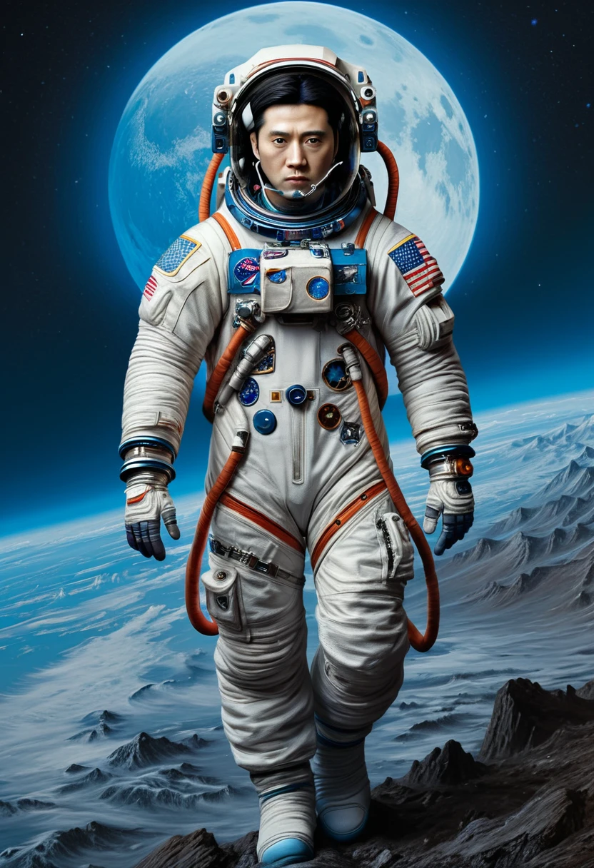 Astronaut, full body, by Qi Baishi and Chen Longque and Chen Dingbo, best quality, masterpiece, very aesthetic, perfect composition, intricate details, ultra-detailed, vivid colors