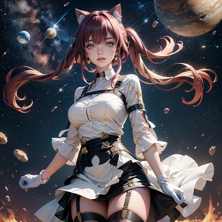 Kafka_(honkai: star rail), medium hair, flowing hair, floating hair, ornament hair, perfectly body, perfectly hands, maid tiara on hair, maid, maid dress, maid headdress, maid apron, white apron, white apron, white headdress, 1girl, white maid dress, jewelry, pigtails hair, flowing hair, long hair, maid dress with a short skirt and layers, white laces, white boots, white dress with transparency, gold details on her clothes, cat ears, animal ears, more details, perfectly body, perfectly hands, two hands, two legs, two arms, five fingers, glowing hair, best quality, cat ears, animal ears, tail ornament, tail bow, white gloves, two cat tail, white gloves, alone, maid headdress, choker, detached sleeves, maid dress, maid white dress, strapless, masterpeice, best quality, detailed face, night, asymmetrical gloves, bangs, white short skirt , white gloves, white boots, earrings, elbow gloves, fishnet thighhighs, fishmasterpeice, solo, best quality, detailed face, gloves, magenta garter on her legs, hair between eyes, jewelry, medium hair, looking at viewer, single earring, sky, sleeveless, solo, thigh boots, thighhighs, tongue, tongue out, uneven gloves, cat ears, animal ears, cat tail, , solo, alone, Looking at the viewer, More details on the clothes, space scenery, maid, maid dress, magenta laces, maid headdress, maid apron, pigtails, long hair, seat on the Saturn rings, spider web details on her clothes, more details on her clothes, gold details on her clothes, space, smiling, standing her hand to a viewer, looking at the viewer, in the background a several asteroids glowing with fiery auras, Dramatic lighting from distant stars and planets illuminates the scene, looking at the vast and mysterious universe, cowboy shot, upper body portrait, more details, sparkle,