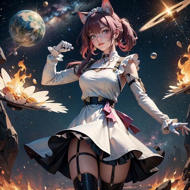 Kafka_(honkai: star rail), medium hair, flowing hair, floating hair, ornament hair, perfectly body, perfectly hands, maid tiara on hair, maid, maid dress, maid headdress, maid apron, white apron, white apron, white headdress, 1girl, white maid dress, jewelry, pigtails hair, flowing hair, long hair, maid dress with a short skirt and layers, white laces, white boots, white dress with transparency, gold details on her clothes, cat ears, animal ears, more details, perfectly body, perfectly hands, two hands, two legs, two arms, five fingers, glowing hair, best quality, cat ears, animal ears, tail ornament, tail bow, white gloves, two cat tail, white gloves, alone, maid headdress, choker, detached sleeves, maid dress, maid white dress, strapless, masterpeice, best quality, detailed face, night, asymmetrical gloves, bangs, white short skirt , white gloves, white boots, earrings, elbow gloves, fishnet thighhighs, fishmasterpeice, solo, best quality, detailed face, gloves, magenta garter on her legs, hair between eyes, jewelry, medium hair, looking at viewer, single earring, sky, sleeveless, solo, thigh boots, thighhighs, tongue, tongue out, uneven gloves, cat ears, animal ears, cat tail, , solo, alone, Looking at the viewer, More details on the clothes, space scenery, maid, maid dress, magenta laces, maid headdress, maid apron, pigtails, long hair, seat on the Saturn rings, spider web details on her clothes, more details on her clothes, gold details on her clothes, space, smiling, standing her hand to a viewer, looking at the viewer, in the background a several asteroids glowing with fiery auras, Dramatic lighting from distant stars and planets illuminates the scene, looking at the vast and mysterious universe, cowboy shot, upper body portrait, more details, sparkle,