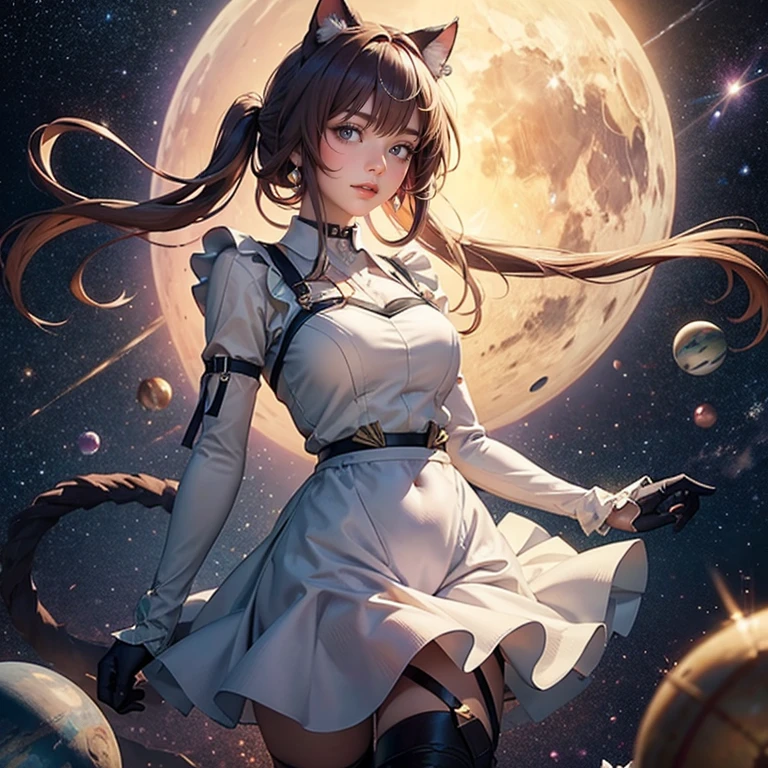 Kafka_(honkai: star rail), medium hair, flowing hair, floating hair, ornament hair, perfectly body, perfectly hands, maid tiara on hair, maid, maid dress, maid headdress, maid apron, white apron, white apron, white headdress, 1girl, white maid dress, jewelry, pigtails hair, flowing hair, long hair, maid dress with a short skirt and layers, white laces, white boots, white dress with transparency, gold details on her clothes, cat ears, animal ears, more details, perfectly body, perfectly hands, two hands, two legs, two arms, five fingers, glowing hair, best quality, cat ears, animal ears, tail ornament, tail bow, white gloves, two cat tail, white gloves, alone, maid headdress, choker, detached sleeves, maid dress, maid white dress, strapless, masterpeice, best quality, detailed face, night, asymmetrical gloves, bangs, white short skirt , white gloves, white boots, earrings, elbow gloves, fishnet thighhighs, fishmasterpeice, solo, best quality, detailed face, gloves, magenta garter on her legs, hair between eyes, jewelry, medium hair, looking at viewer, single earring, sky, sleeveless, solo, thigh boots, thighhighs, tongue, tongue out, uneven gloves, cat ears, animal ears, cat tail, , solo, alone, Looking at the viewer, More details on the clothes, space scenery, maid, maid dress, magenta laces, maid headdress, maid apron, pigtails, long hair, seat on the Saturn rings, spider web details on her clothes, more details on her clothes, gold details on her clothes, space, smiling, standing her hand to a viewer, looking at the viewer, in the background a several asteroids glowing with fiery auras, Dramatic lighting from distant stars and planets illuminates the scene, looking at the vast and mysterious universe, cowboy shot, upper body portrait, more details, sparkle,