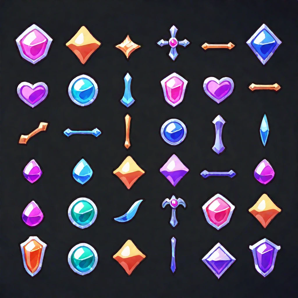 game icons, kawaii rpg items, black background