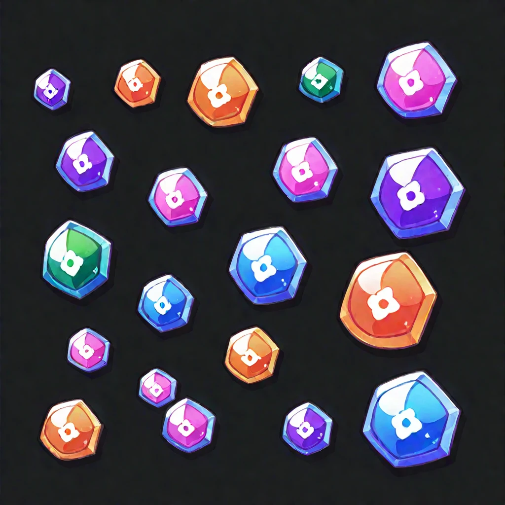 game icons, kawaii rpg items, black background