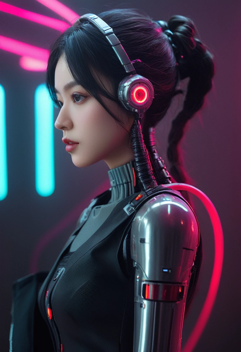 xxmixgirl. Highly detailed professional 35mm film, bokeh, face in sharp focus. A robotic female, Miku, with ((metal skin)), ((perfect Asian eyes)) with magenta irises and ((black pupils)), beautiful serious (detailed face), 18 year old ((photorealistic face)), very long magenta twin tails of magenta hair, twin black hair ties with a single red stripe. She may have a black audio headpiece. We can see her ((full body)) down to her boot soles. Her outfit is a sleeveless collared light grey shirt, outlined in red around the frilled collar and hems. Shiny reflective ((metallic breast cups, dimpleless)), invisible nipples. She wears black sleeves with red hems that start around her upper arm and bellow out as the sleeves open and extend to her wrists, with wide trumpet red rimmed cuffs. She has perfect robotic (detailed hands). She wears a red colored tie with two horizontal solid parallel black lines halfway across. She wears a fabric black skirt with a horizontal red hem at the bottom all the way around; her (((black skirt wraps around her))) and ((her skirt completely covers)) her robotic waist and thighs. Tall black boots with red bottom soles, a red rim around the top at her thighs. Her mechanical shoulder joints are visible. We can see her robotic legs and robotic neck. Half of her is covered with shiny polished machinery. The background is a distant dark neon futuristic Japanese city, gold, cyan, violet neon, near harbor or mountains.