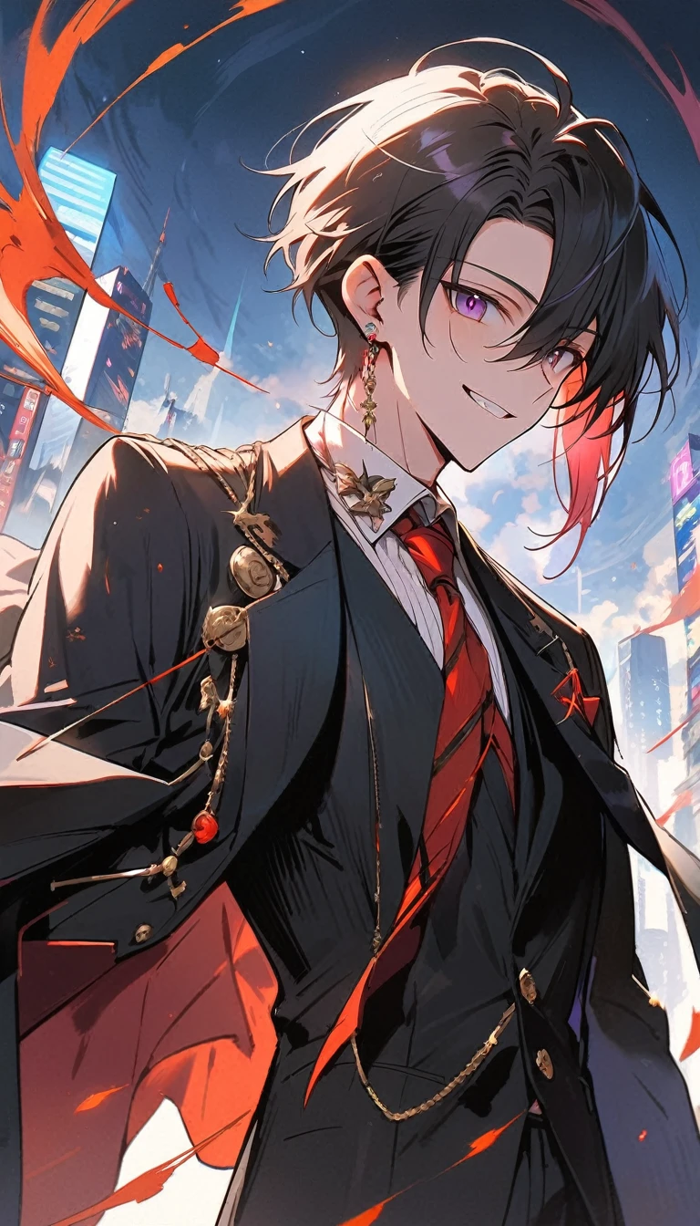 good looking, alone, 1 male, short hair,  Smile Facial,1. Boy with black and purple hair,  Moderate height, Slim body, Long coat, Black lining,good looking, short hair, Black Hair, Rainbow Hair, Purple eyes, 先端がスモーキーグレーのBlack Hair,  smoking, Black light,smile、, Bright, sharp eyes illuminate the scene,uniform,Fewer accessories,whole body,Background white,(masterpiece, Highest quality), Yishang_edge, Default_Costume, One boy, alone, Red tie, Black jacket, Black vest, Jacket on shoulders, White shirt, Collared shirt, Black trousers, View your viewers, city, night, knife,紫色に光るknife身,View your viewers, city, night, From below