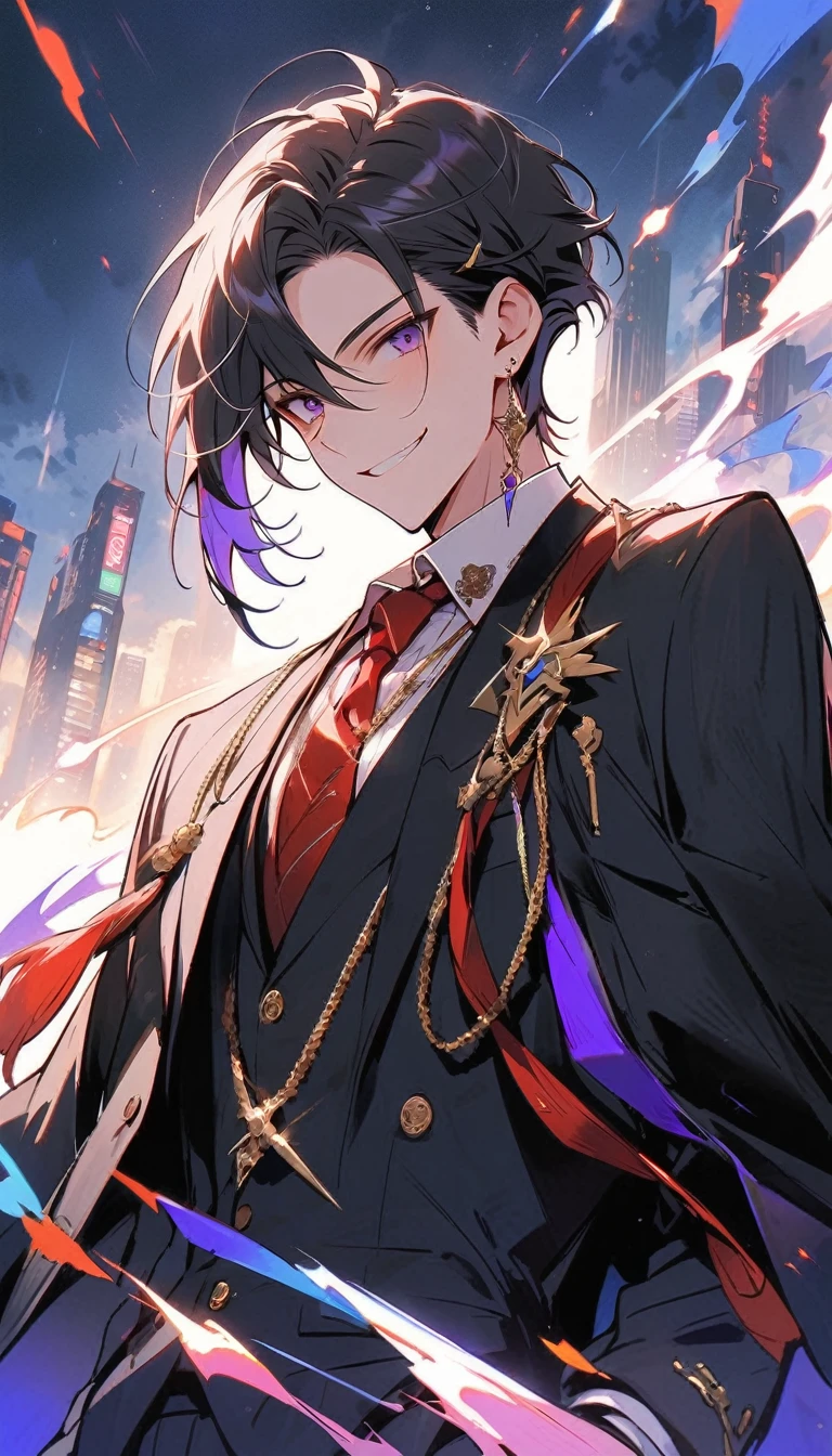 good looking, alone, 1 male, short hair, Smile Facial,1. Boy with black and purple hair, Moderate height, Slim body, Long coat, Black lining,good looking, short hair, Black Hair, Rainbow Hair, Purple eyes, 先端がスモーキーグレーのBlack Hair, smoking, Black light,smile、, Bright, sharp eyes illuminate the scene,uniform,Fewer accessories,whole body,Background white,(masterpiece, Highest quality), Yishang_edge, Default_Costume, One boy, alone, Red tie, Black jacket, Black vest, Jacket on shoulders, White shirt, Collared shirt, Black trousers, View your viewers, city, night, knife,紫色に光るknife身,View your viewers, city, night, From below