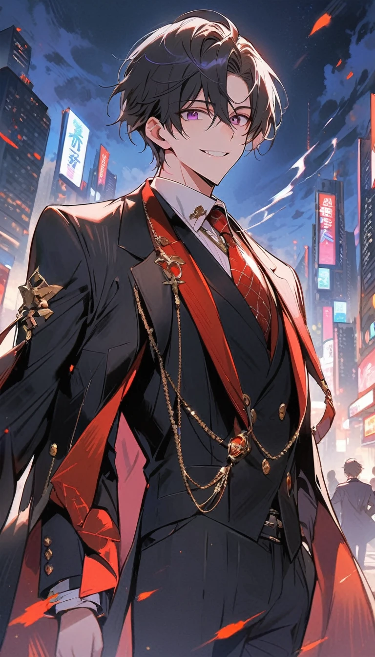 good looking, alone, 1 male, short hair,  Smile Facial,1. Boy with black and purple hair,  Moderate height, Slim body, Long coat, Black lining,good looking, short hair, Black Hair, Rainbow Hair, Purple eyes, 先端がスモーキーグレーのBlack Hair,  smoking, Black light,smile、, Bright, sharp eyes illuminate the scene,uniform,Fewer accessories,whole body,Background white,(masterpiece, Highest quality), Yishang_edge, Default_Costume, One boy, alone, Red tie, Black jacket, Black vest, Jacket on shoulders, White shirt, Collared shirt, Black trousers, View your viewers, city, night, knife,紫色に光るknife身,View your viewers, city, night, From below