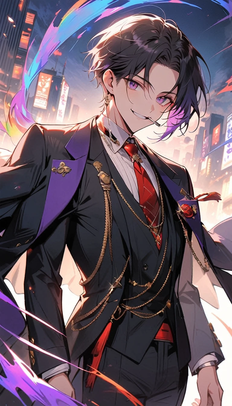 good looking, alone, 1 male, short hair,  Smile Facial,1. Boy with black and purple hair,  Moderate height, Slim body, Long coat, Black lining,good looking, short hair, Black Hair, Rainbow Hair, Purple eyes, 先端がスモーキーグレーのBlack Hair,  smoking, Black light,smile、, Bright, sharp eyes illuminate the scene,uniform,Fewer accessories,whole body,Background white,(masterpiece, Highest quality), Yishang_edge, Default_Costume, One boy, alone, Red tie, Black jacket, Black vest, Jacket on shoulders, White shirt, Collared shirt, Black trousers, View your viewers, city, night, knife,紫色に光るknife身,View your viewers, city, night, From below