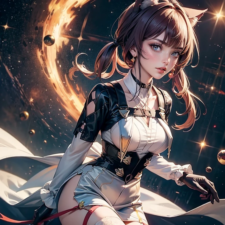 Kafka_(honkai: star rail), medium hair, flowing hair, floating hair, ornament hair, perfectly body, perfectly hands, maid tiara on hair, maid, maid dress, maid headdress, maid apron, white apron, white apron, white headdress, 1girl, white maid dress, jewelry, pigtails hair, flowing hair, long hair, maid dress with a short skirt and layers, white laces, white boots, white dress with transparency, gold details on her clothes, cat ears, animal ears, more details, perfectly body, perfectly hands, two hands, two legs, two arms, five fingers, glowing hair, best quality, cat ears, animal ears, tail ornament, tail bow, white gloves, two cat tail, white gloves, alone, maid headdress, choker, detached sleeves, maid dress, maid white dress, strapless, masterpeice, best quality, detailed face, night, asymmetrical gloves, bangs, white short skirt , white gloves, white boots, earrings, elbow gloves, fishnet thighhighs, fishmasterpeice, solo, best quality, detailed face, gloves, magenta garter on her legs, hair between eyes, jewelry, medium hair, looking at viewer, single earring, sky, sleeveless, solo, thigh boots, thighhighs, tongue, tongue out, uneven gloves, cat ears, animal ears, cat tail, , solo, alone, Looking at the viewer, More details on the clothes, space scenery, maid, maid dress, magenta laces, maid headdress, maid apron, pigtails, long hair, seat on the Saturn rings, spider web details on her clothes, more details on her clothes, gold details on her clothes, space, smiling, standing her hand to a viewer, looking at the viewer, in the background a several asteroids glowing with fiery auras, Dramatic lighting from distant stars and planets illuminates the scene, looking at the vast and mysterious universe, cowboy shot, upper body portrait, more details, sparkle,