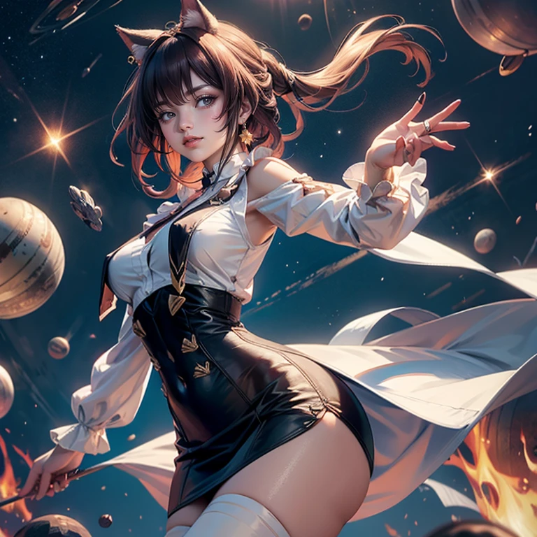 Kafka_(honkai: star rail), medium hair, flowing hair, floating hair, ornament hair, perfectly body, perfectly hands, maid tiara on hair, maid, maid dress, maid headdress, maid apron, white apron, white apron, white headdress, 1girl, white maid dress, jewelry, pigtails hair, flowing hair, long hair, maid dress with a short skirt and layers, white laces, white boots, white dress with transparency, gold details on her clothes, cat ears, animal ears,  more details, perfectly body, perfectly hands, two hands, two legs, two arms, five fingers, glowing hair, best quality, cat ears, animal ears, tail ornament, tail bow, white gloves, two cat tail, white gloves, alone, maid headdress, choker, detached sleeves, maid dress, maid white dress, strapless, masterpeice, best quality, detailed face, night, asymmetrical gloves, bangs, white short skirt , white gloves, white boots, earrings, elbow gloves, fishnet thighhighs, fishmasterpeice, solo, best quality, detailed face, gloves, magenta garter on her legs, hair between eyes, jewelry, medium hair, looking at viewer, single earring, sky, sleeveless, solo, thigh boots, thighhighs, tongue, tongue out, uneven gloves, cat ears, animal ears, cat tail, , solo, alone, Looking at the viewer, More details on the clothes, space scenery, maid, maid dress, magenta laces, maid headdress, maid apron, pigtails, long hair, seat on the Saturn rings, spider web details on her clothes, more details on her clothes, gold details on her clothes, space, smiling, standing her hand to a viewer, looking at the viewer, in the background a several asteroids glowing with fiery auras, Dramatic lighting from distant stars and planets illuminates the scene, looking at the vast and mysterious universe, cowboy shot, upper body portrait, more details, sparkle,