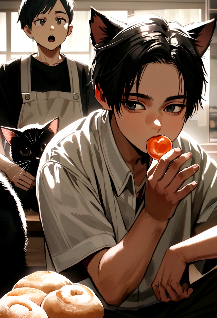 kawaii neko boy sitting down, young leonardo dicaprio look, asian, black eyes, black asian hair, cute clothes, young, around , stoic boy, mysterious boy, eating candy, cute bakery backround, cat ears, neko boy cat ears, bakery worker, looking straight ahead, eminem, ryan gosling.