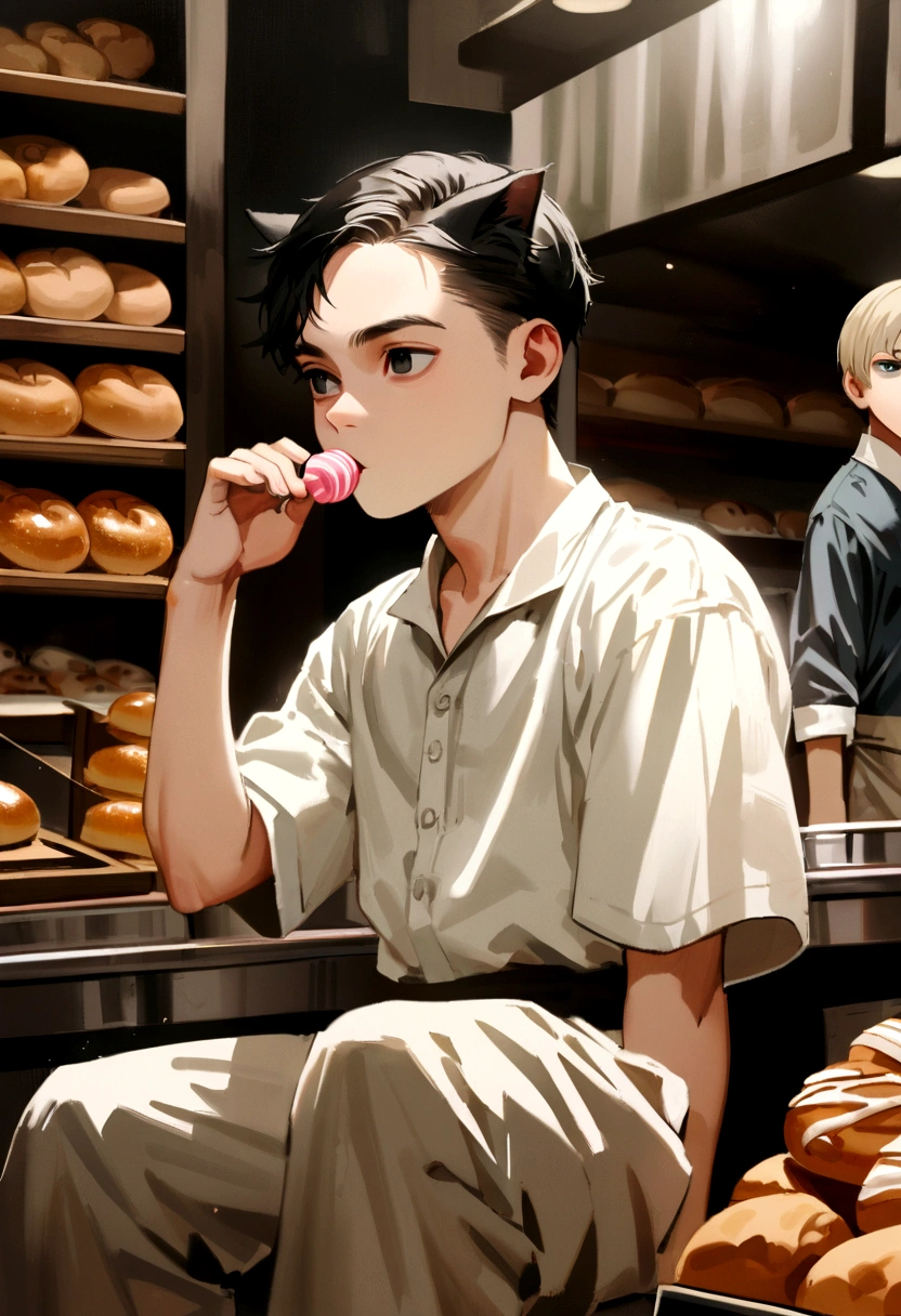 kawaii neko boy sitting down, young leonardo dicaprio look, asian, black eyes, black asian hair, cute clothes, young, around 15, stoic boy, mysterious boy, eating candy, cute bakery backround, cat ears, neko boy cat ears, bakery worker, looking straight ahead, eminem, ryan gosling.