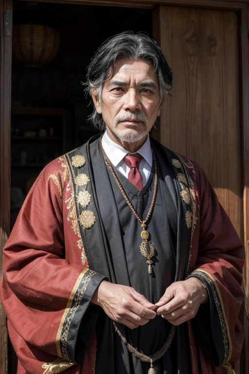 Um homem de 60 anos, with black hair, is dressed in traditional spiritual clothing. He's in a studio, posing in a serene and contemplative manner. Soft lighting highlights the tranquility on your face, and the studio background is neutral, focusing all attention on the calm and dignified presence of the man.