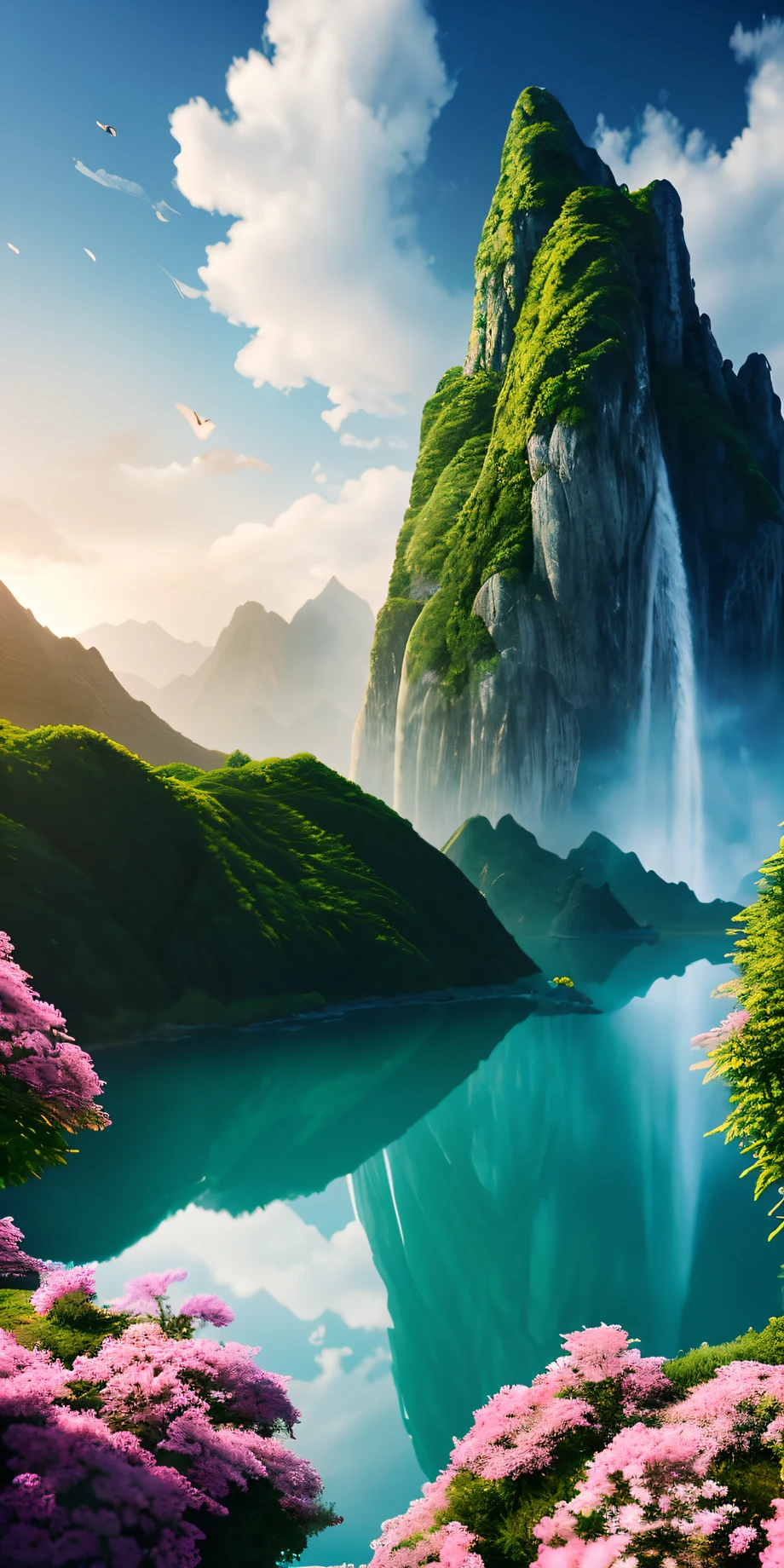 masterpiece, best quality, high quality, extremely detailed CG unity 8k 16:9 wallpaper, scenery, outdoors, sky, cloud, day, no humans, mountain, small birds , lily lake,landscape, water, cherry trees, blue sky, high waterfall, high cliff, nature, lake, river, cloudy sky,award winning photography, Bokeh, Depth of Field, HDR, bloom, Chromatic Aberration ,Photorealistic,extremely detailed, trending on artstation, trending on CGsociety, Intricate, High Detail, dramatic, art by midjourney