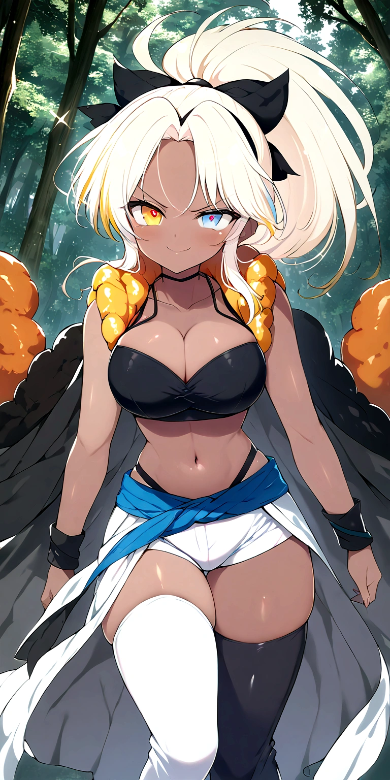 (masterpiece), high quality, expressive eyes, perfect face, a woman standing with a sword sheathed on her back, 1girl, a fusion of Yuyaki and (Leo), long_hair, multicolored_hair, two-tone_hair, blonde_hair, white_hair, ponytail, full_body_view, holding_weapon, breasts, large_breasts, forest_background, hairband, cleavage, thighhighs, dark_skin, navel, right_eye_black, yellow_left_eye, multicolored_ eyes, dark-skinned_female, black_thighhighs, cleavage, looking_at_viewer, ribbon, hair_ribbon, fusion, metamoran vest, white pants, blue belt, black wristbands, smirk, solo, sparkles, black sports bra, crop top