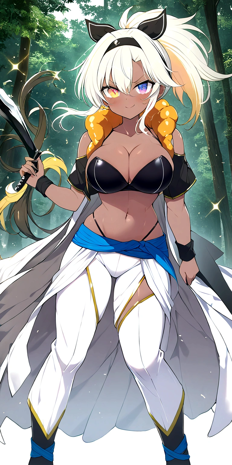 (masterpiece), high quality, expressive eyes, perfect face, a woman standing with a sword sheathed on her back, 1girl, a fusion of Yuyaki and (Leo), long_hair, multicolored_hair, two-tone_hair, blonde_hair, white_hair, ponytail, full_body_view, holding_weapon, breasts, large_breasts, forest_background, hairband, cleavage, thighhighs, dark_skin, navel, right_eye_black, yellow_left_eye, multicolored_ eyes, dark-skinned_female, black_thighhighs, cleavage, looking_at_viewer, ribbon, hair_ribbon, fusion, metamoran vest, white pants, blue belt, black wristbands, smirk, solo, sparkles, black sports bra, crop top