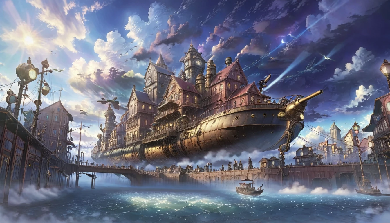 A floating steampunk city, Detailed architecture, mysterious technology, Cinema Lighting, Dramatic clouds, 8K, Very detailed, Complex, beautiful, Miyazaki style, Realistic, masterpiece, Professional, Vibrant colors, Dramatic lighting, Dynamic configuration