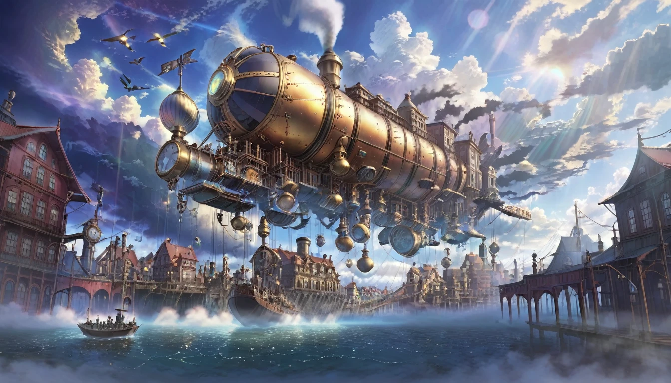 A floating steampunk city, Detailed architecture, mysterious technology, Cinema Lighting, Dramatic clouds, 8K, Very detailed, Complex, beautiful, Miyazaki style, Realistic, masterpiece, Professional, Vibrant colors, Dramatic lighting, Dynamic configuration