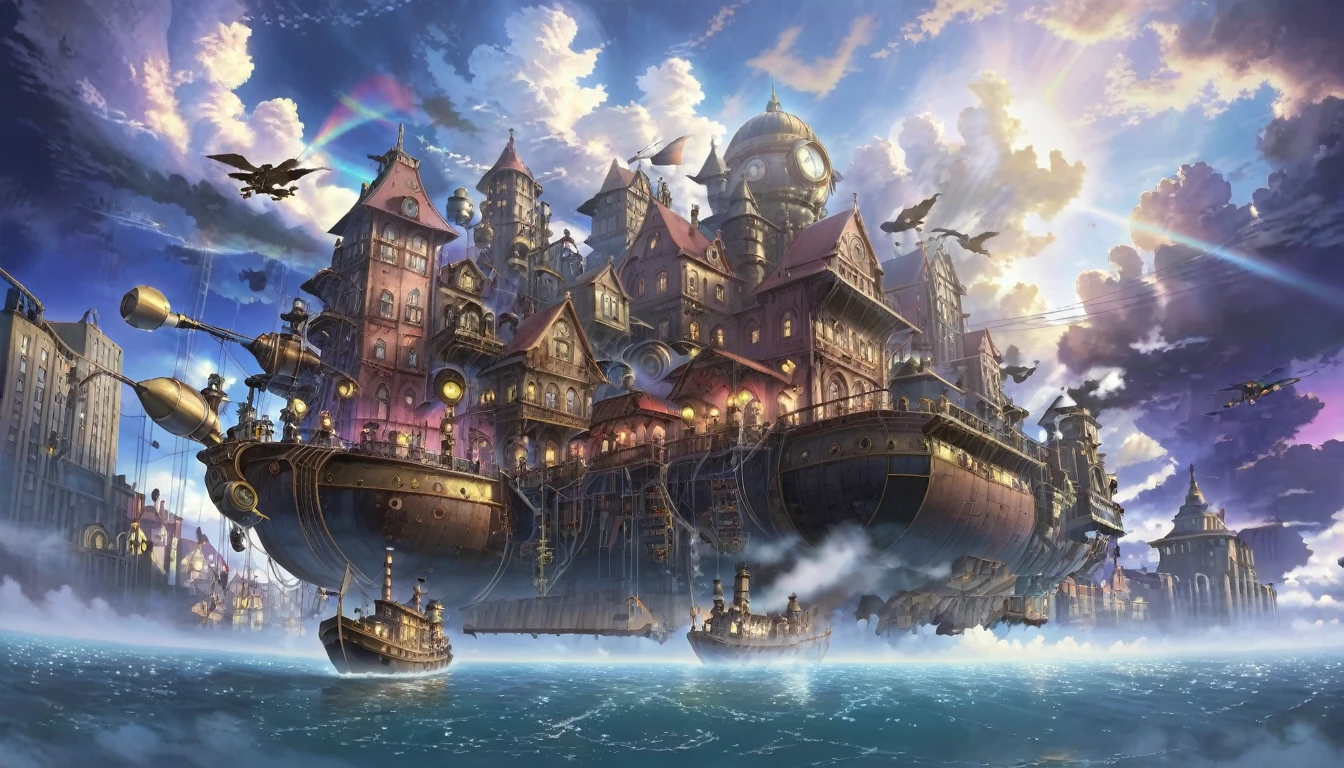 A floating steampunk city, Detailed architecture, mysterious technology, Cinema Lighting, Dramatic clouds, 8K, Very detailed, Complex, beautiful, Miyazaki style, Realistic, masterpiece, Professional, Vibrant colors, Dramatic lighting, Dynamic configuration