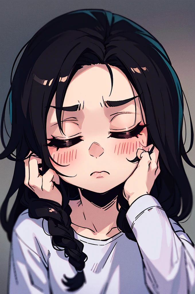 Dark room, sad girl, black hair, closed eyes, close-up, pyjamas, 