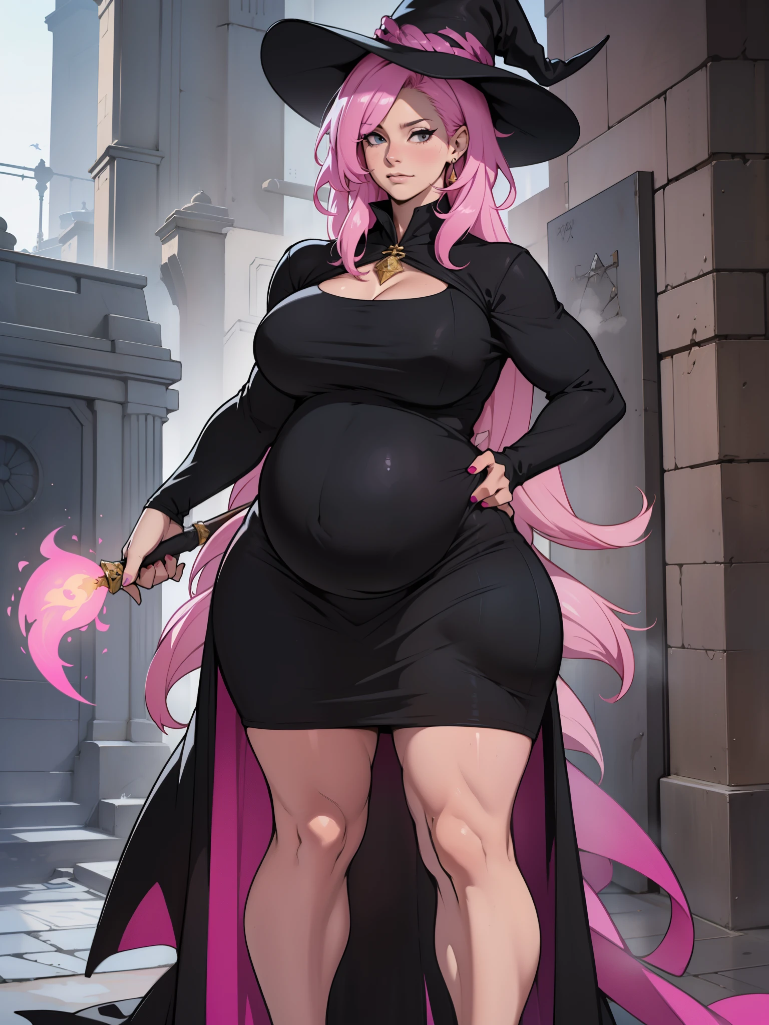 older woman in her 30s, with pink hair and a tall, curvy body, breasts big, in this, (work of art, best qualityer:1.2) wearing the legendary great black dress of the mystical sorceress, Big witch hat, pregnant, standing alone, alone, pink massive hair