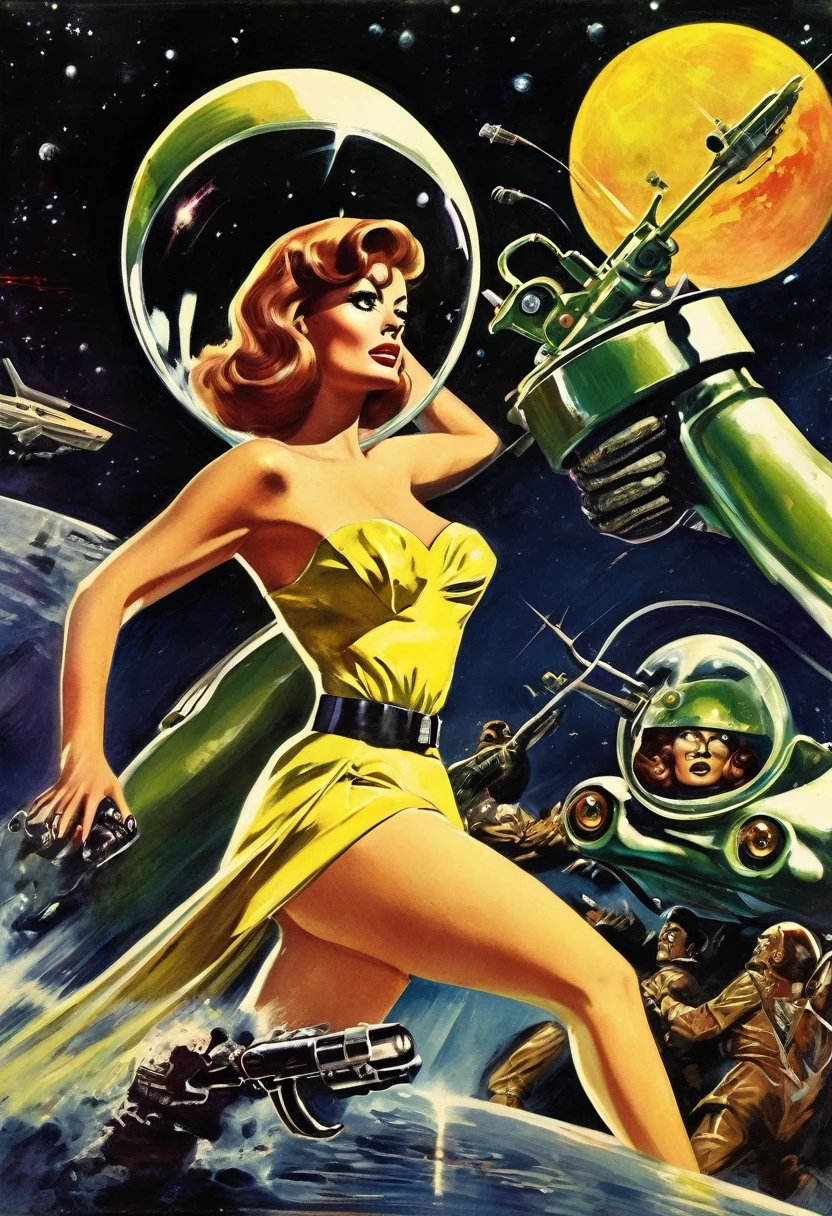 In the style of a 1950s sci-fi pulp magazine, this book depicts the heroic figure of a cyborg beauty (played by Sophia Loren) fighting squid-like aliens with a ray gun. It is a space war, a moon world, a retro,Attacked by fear and horror,