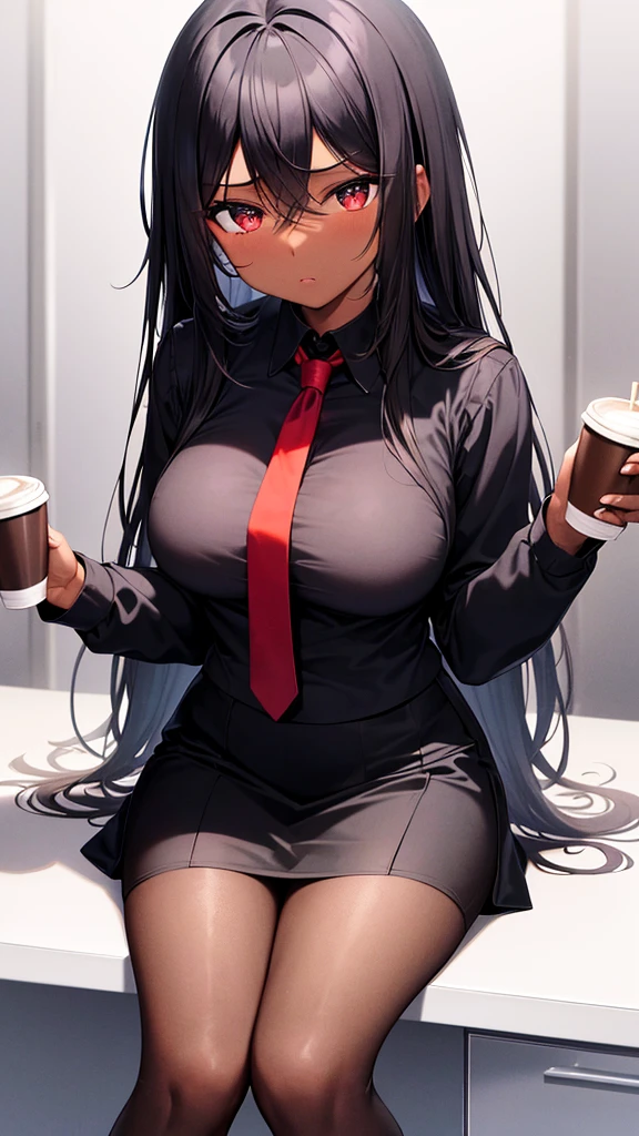 A black woman, dark-skinned, skin black. Long black hair, fringe. Big black eyes. lowrise, serious countenance, breasts small. White blouse and red tie, short black skirt, tights and red heels, holding coffee in an office