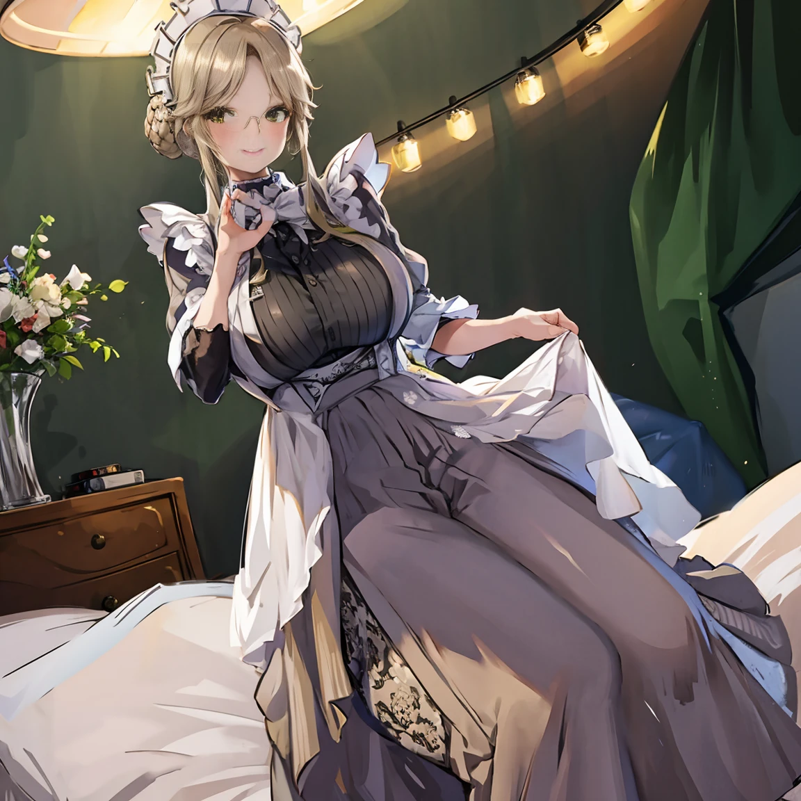 Slim woman wearing glasses、Show your underwear、Sheer lace underwear、Long maid outfit、Ade(dude)、smile、Bedroom