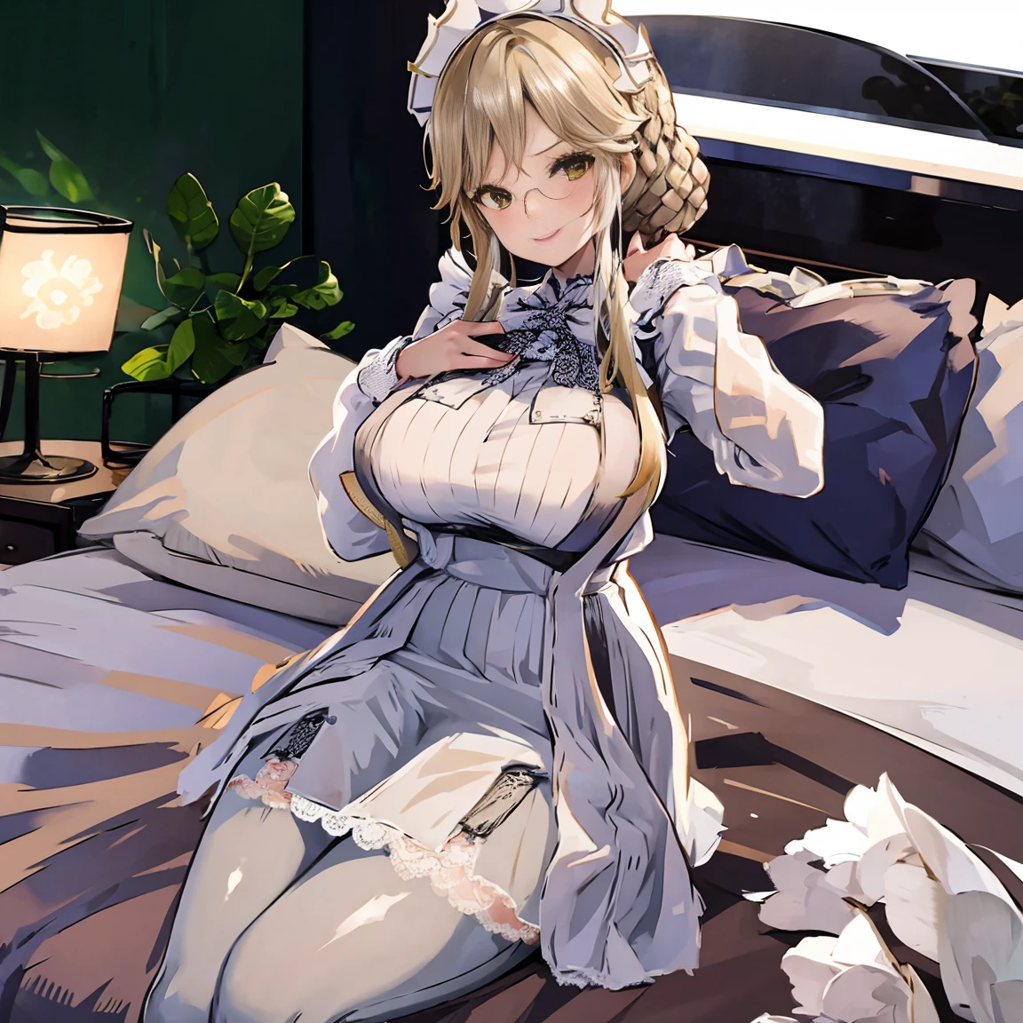 Slim woman wearing glasses、Lift up your skirt to reveal your underwear(pants)Show、Sheer lace underwear、Long maid outfit、Ade(dude)、smile、Bedroom