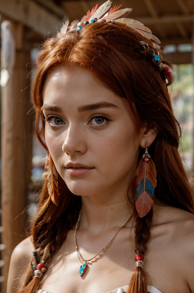 Gorgeous red-haired Meg Donnelly as a Native American princess, feathers in hair, bead ornaments, hyper-realistic