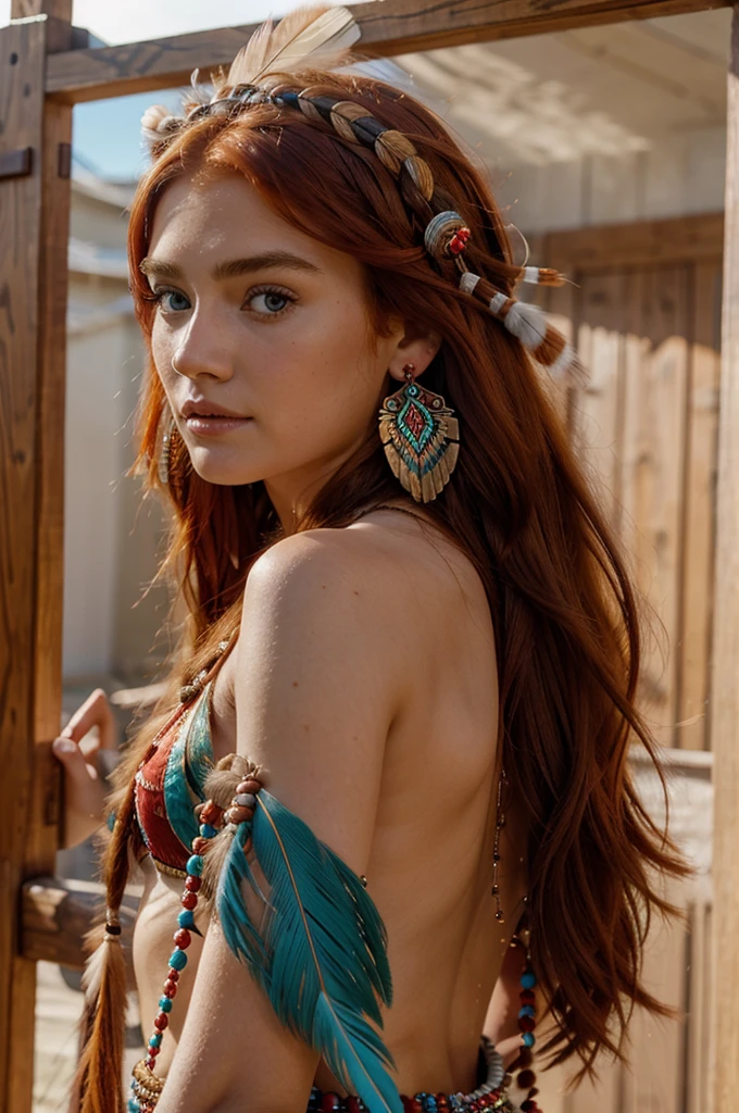 Gorgeous red-haired Meg Donnelly as a Native American princess, feathers in hair, bead ornaments, hyper-realistic