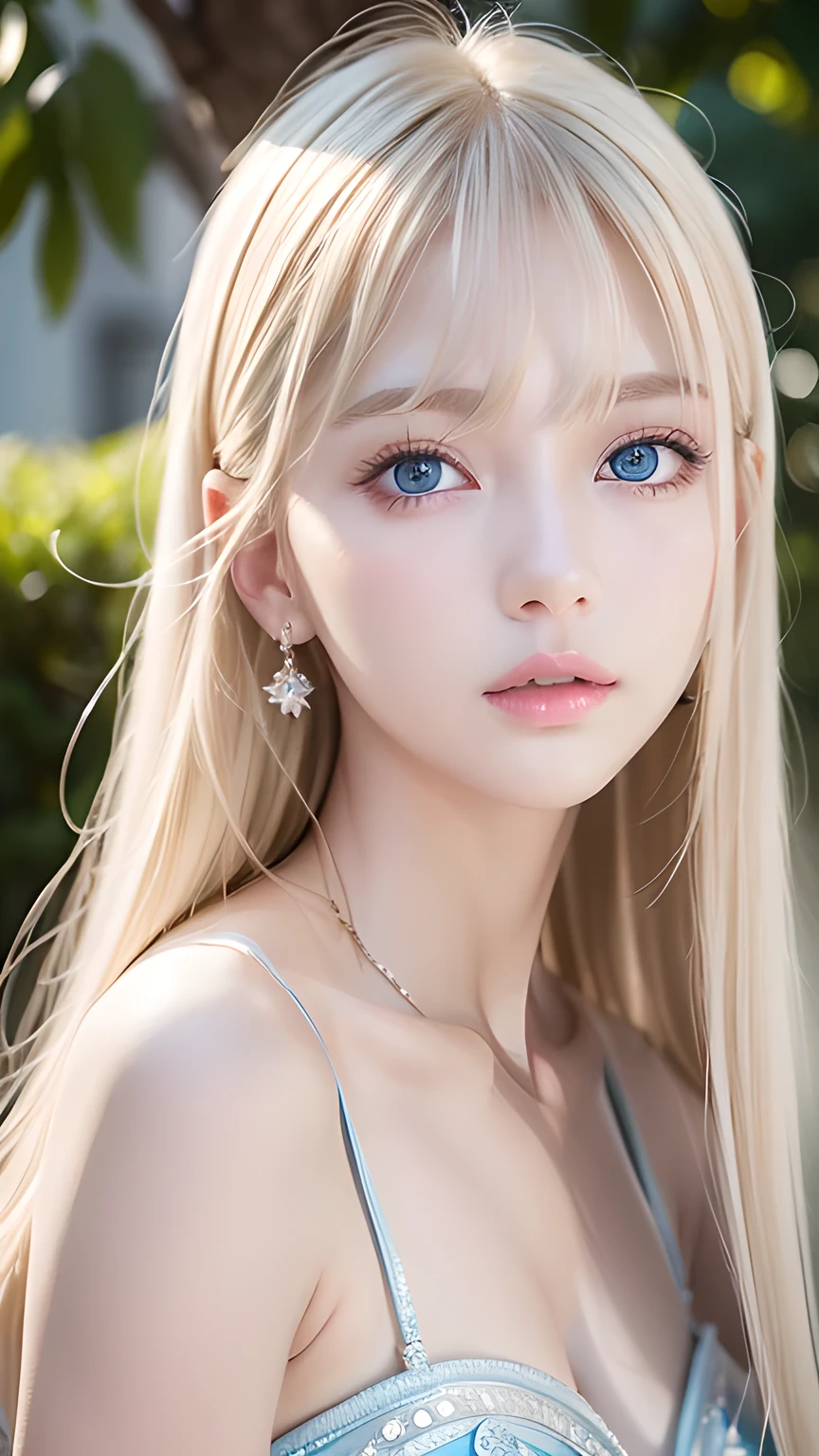 Highest quality、masterpiece、Ultra-high resolution、(Photorealistic:1.4)、1 Girl、、The ultimate beautiful girl、Very beautiful shiny light pale blonde hair、Super long straight silky hair、bangs over eyes、片bangs over eyes、Blonde hair between the eyes、Blonde hair hanging in the center of the face、Big, very bright, pale blue eyes that shine beautifully、Very big bright eyes、Eye highlights、shoulder、Charm、Looking at the camera、Very white and bright skin、Small Face Beauty、Round face、A shy, gentle and bright expression、Looking up、Cheek gloss highlighter