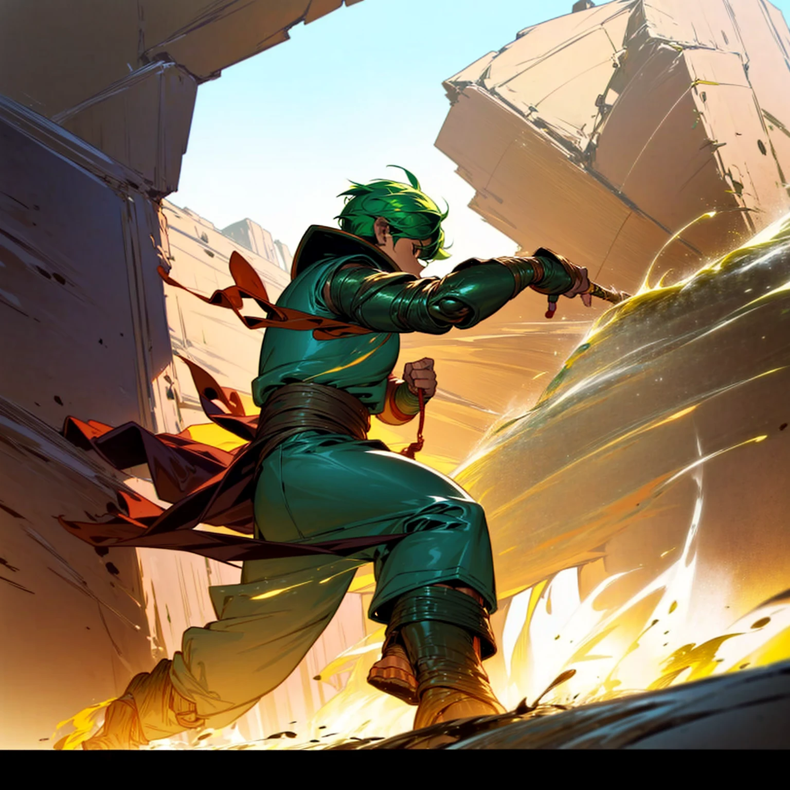 1boy, Full body version, 1character, (sand wanderer), brown eyes color, dark skin, Curly cut hairstyle, small eyes type, green colour hair, doctor ancient roman clothing style, white color clothing, dark green robe, Ancient roman boots, armor vest, sands in two hand, Grassroots background in desert, (battle, battle gesture, battle poses, view character on small, He a sand wanderer, he controls sand with his hands, he fights enemies with sand, enemies, bandits, Fighting, intense battles, fighting in desert, Dynamic Pose, Motion Blur, emphasis lines, sparks, plasma, aura)