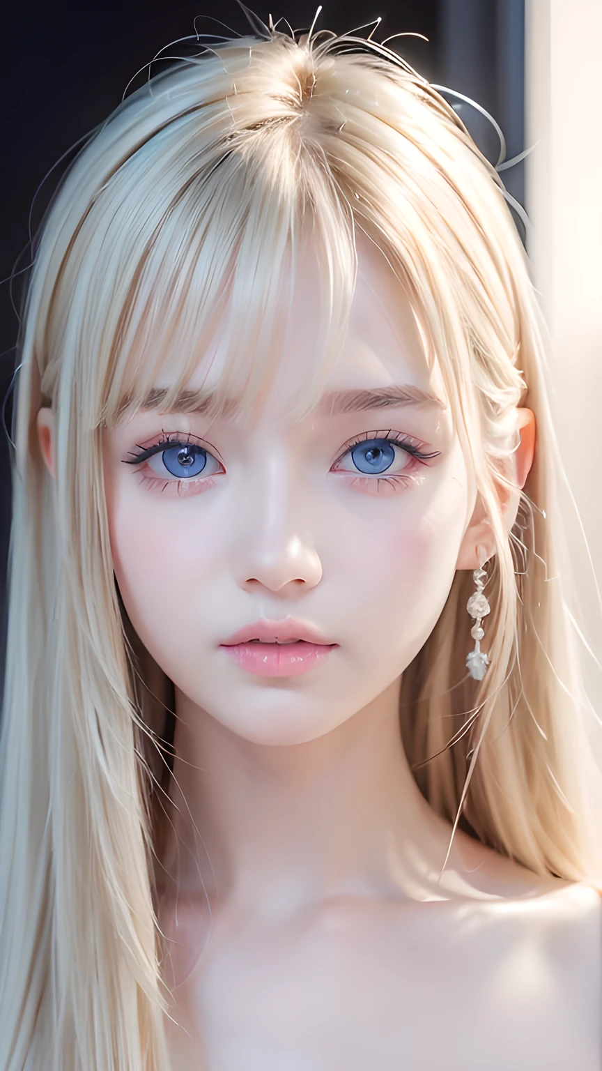 Highest quality、masterpiece、Ultra-high resolution、(Photorealistic:1.4)、1 Girl、14 years old、The ultimate beautiful girl、Very beautiful shiny light pale blonde hair、Super long straight silky hair、bangs over eyes、片bangs over eyes、Blonde hair between the eyes、Blonde hair hanging in the center of the face、Big, very bright, pale blue eyes that shine beautifully、Very big bright eyes、Eye highlights、shoulder、Charm、Looking at the camera、Very white and bright skin、Small Face Beauty、Round face、A shy, gentle and bright expression、Looking up、Cheek gloss highlighter