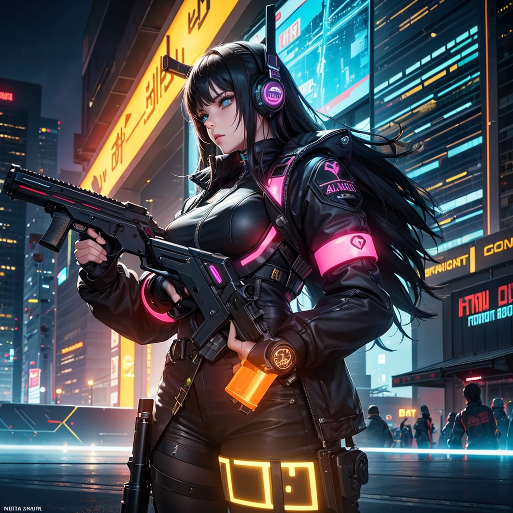 work of art, cyber punk, crowd, citys, natta, neon lig, toned, Sci-fi, extremely detailed 8k wallpaper, 1 girl, holding gun, battle, Analysis, AnalysisGun, balalaica, roberta,