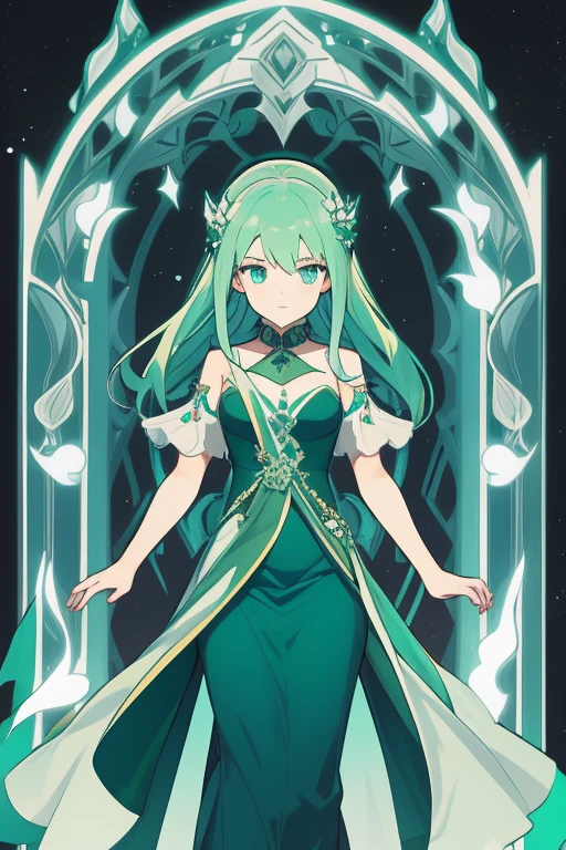 ghost girl, color verde aqua, elegant long dress, with green fire 