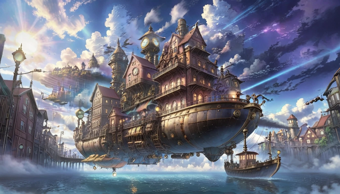 A floating steampunk city, Detailed architecture, mysterious technology, Cinema Lighting, Dramatic clouds, 8K, Very detailed, Complex, beautiful, Miyazaki style, Realistic, masterpiece, Professional, Vibrant colors, Dramatic lighting, Dynamic configuration