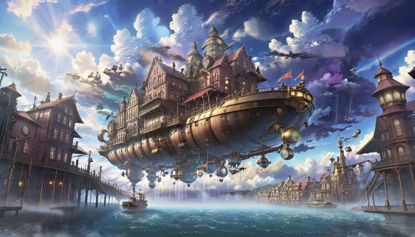 A floating steampunk city, Detailed architecture, mysterious technology, Cinema Lighting, Dramatic clouds, 8K, Very detailed, Complex, beautiful, Miyazaki style, Realistic, masterpiece, Professional, Vibrant colors, Dramatic lighting, Dynamic configuration